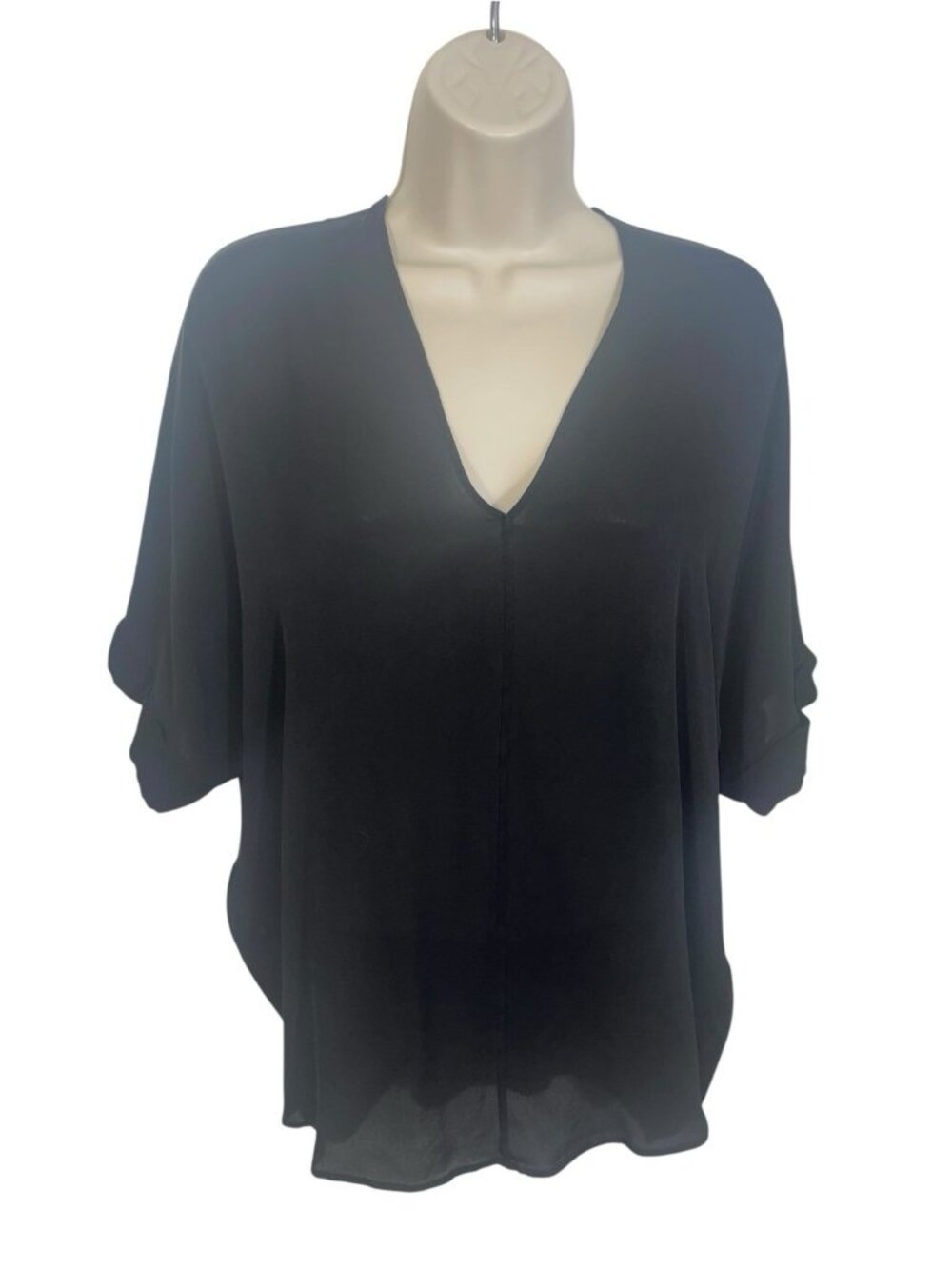 VINCE Womens Size Small 100% Silk V-Neck Dolman Blouse Black Short Sleeve Career